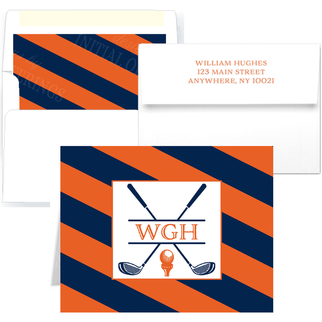 Golf Clubs in Navy and Orange Personalized Note Cards