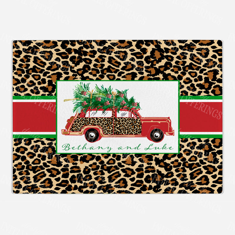 Leopard Print Stag Head Swag with Red Bow Cutting Board - 2 Sizes