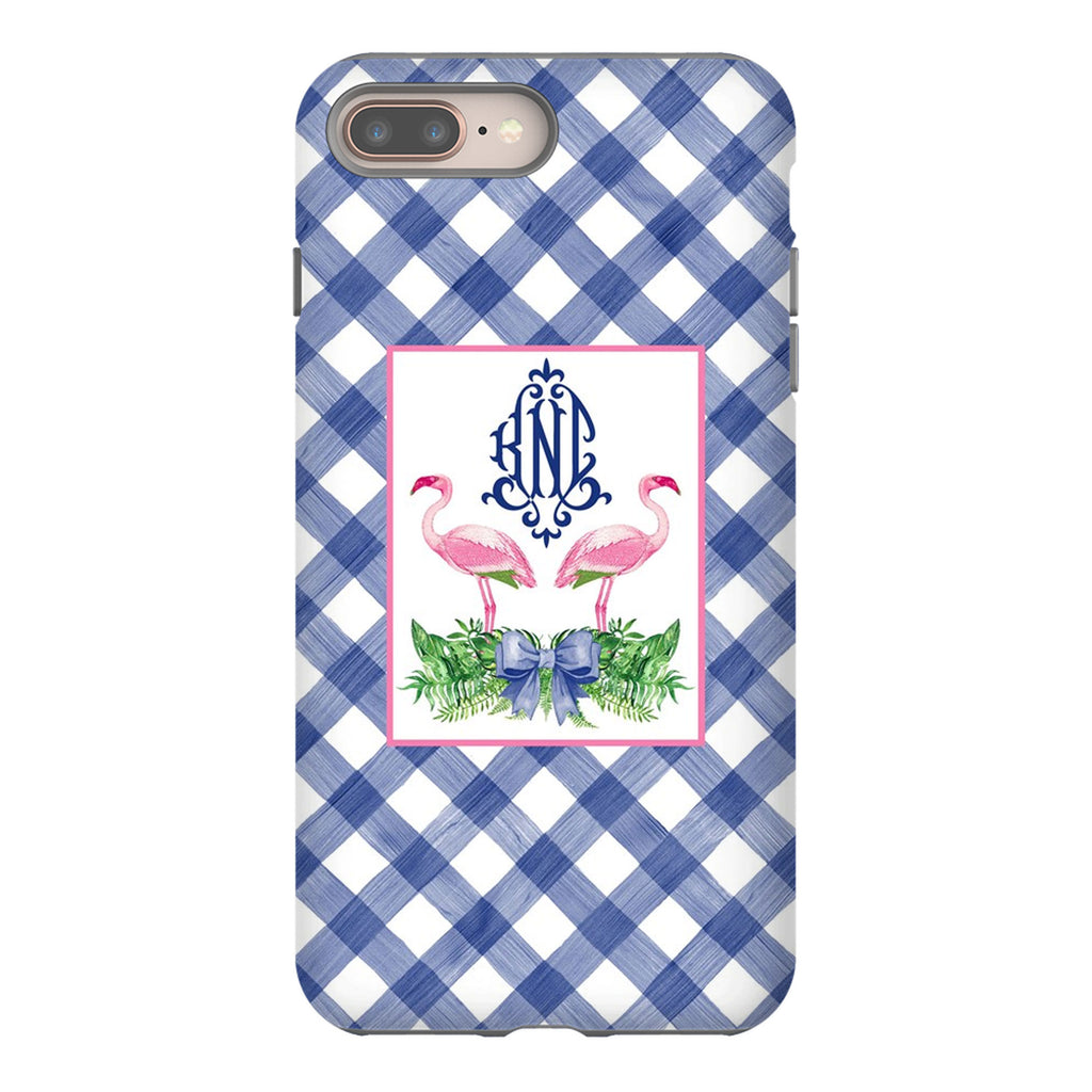 Flamingos with Navy Gingham Glossy Tough Phone Case | iPhone | Samsung Galaxy