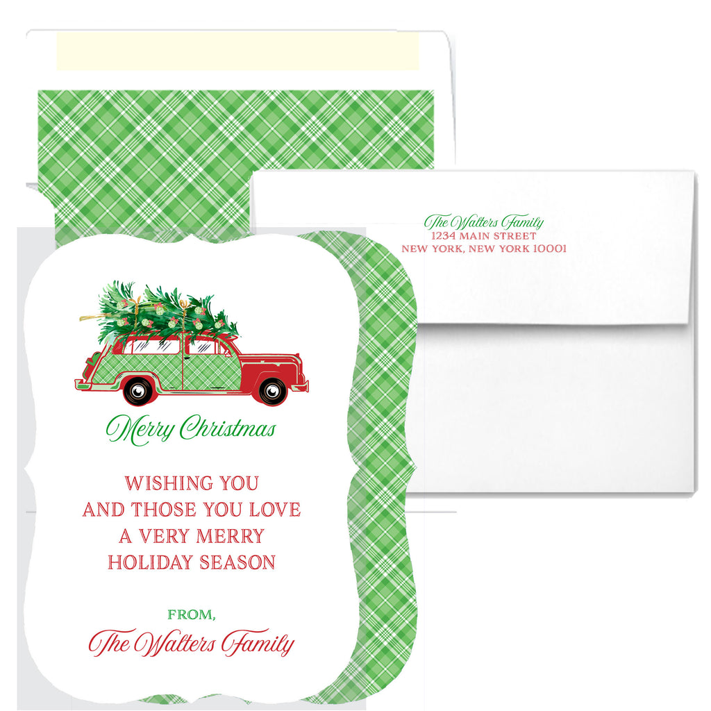 Red and Green Plaid Woody Wagon Bracket Edge Greeting Cards