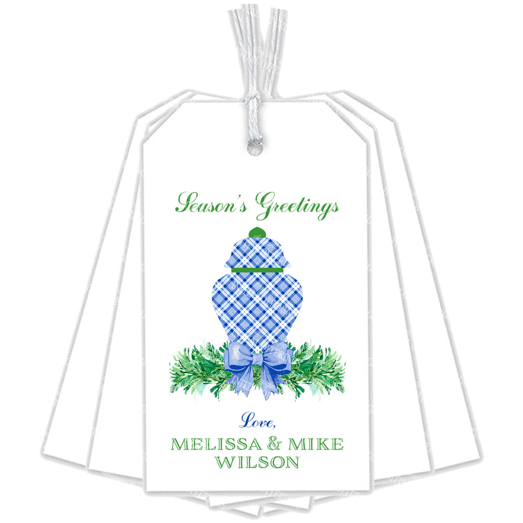 Blue and White Plaid Ginger Jar Swag Gift Tags