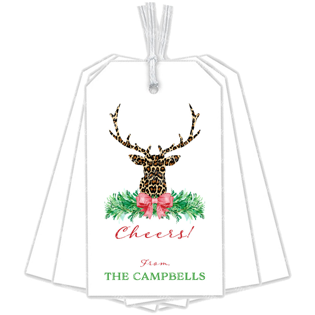 Leopard Print Stag Head Swag with Red Bow Gift Tags