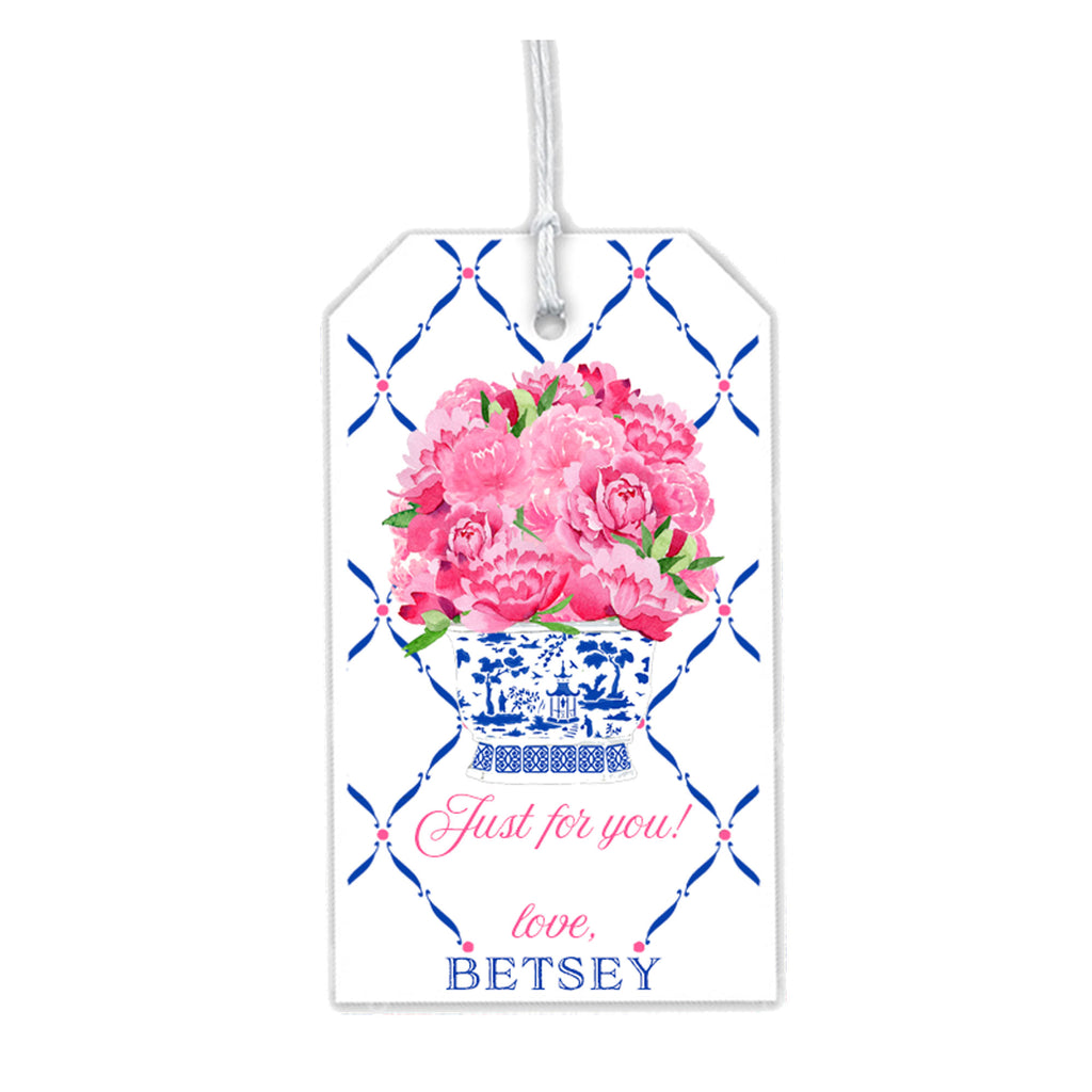 Pink Peonies in Blue Planter Gift Tags