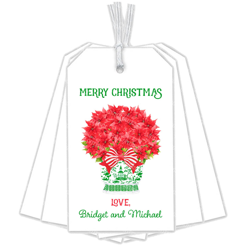 Poinsettia in Green Chinoiserie Planter Gift Tags