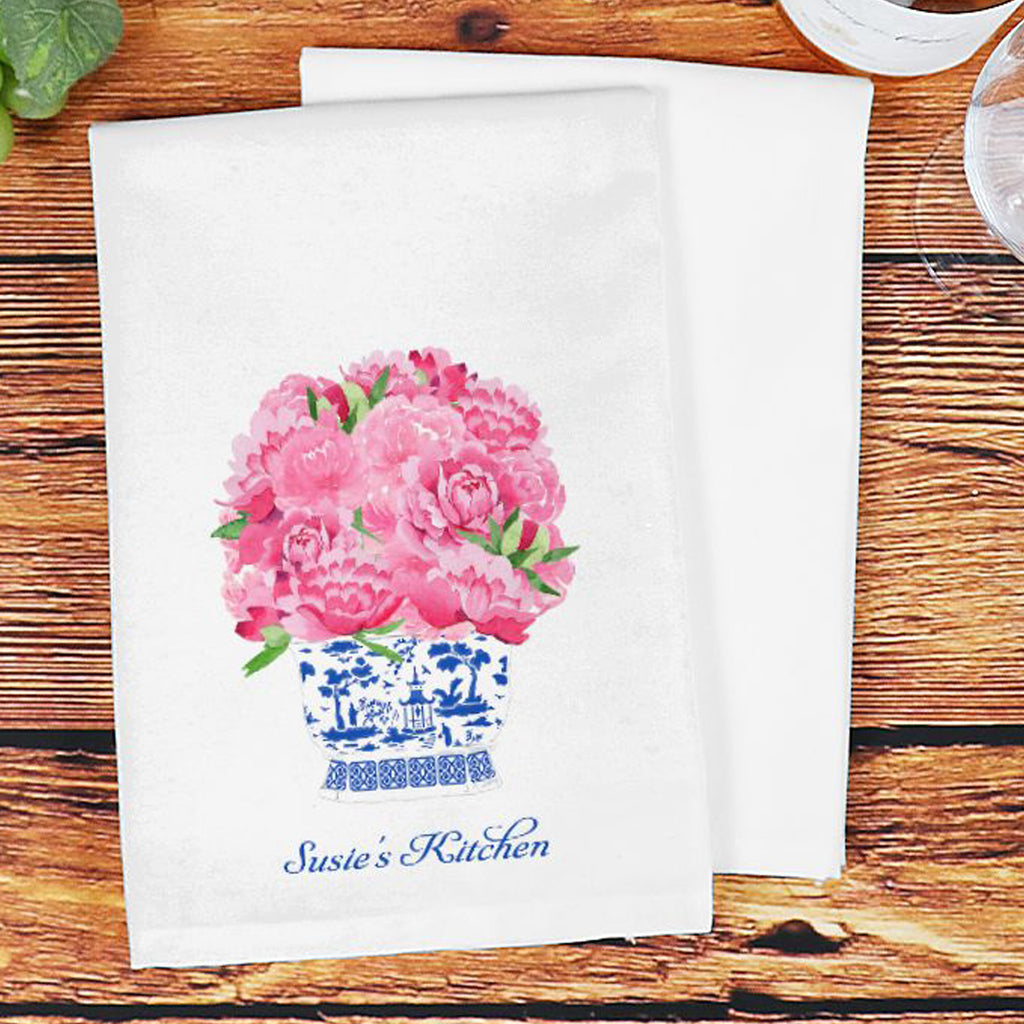 Pink Peonies in Blue Planter Set of 2 Hostess Towels