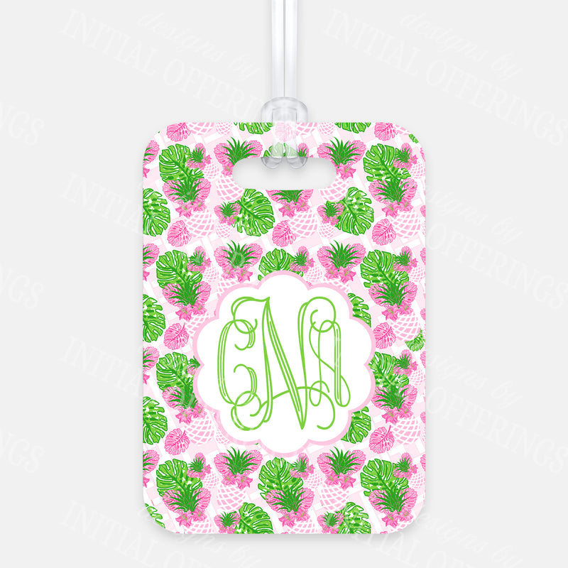 Pink Pineapple Print Monogram Luggage Bag Tag