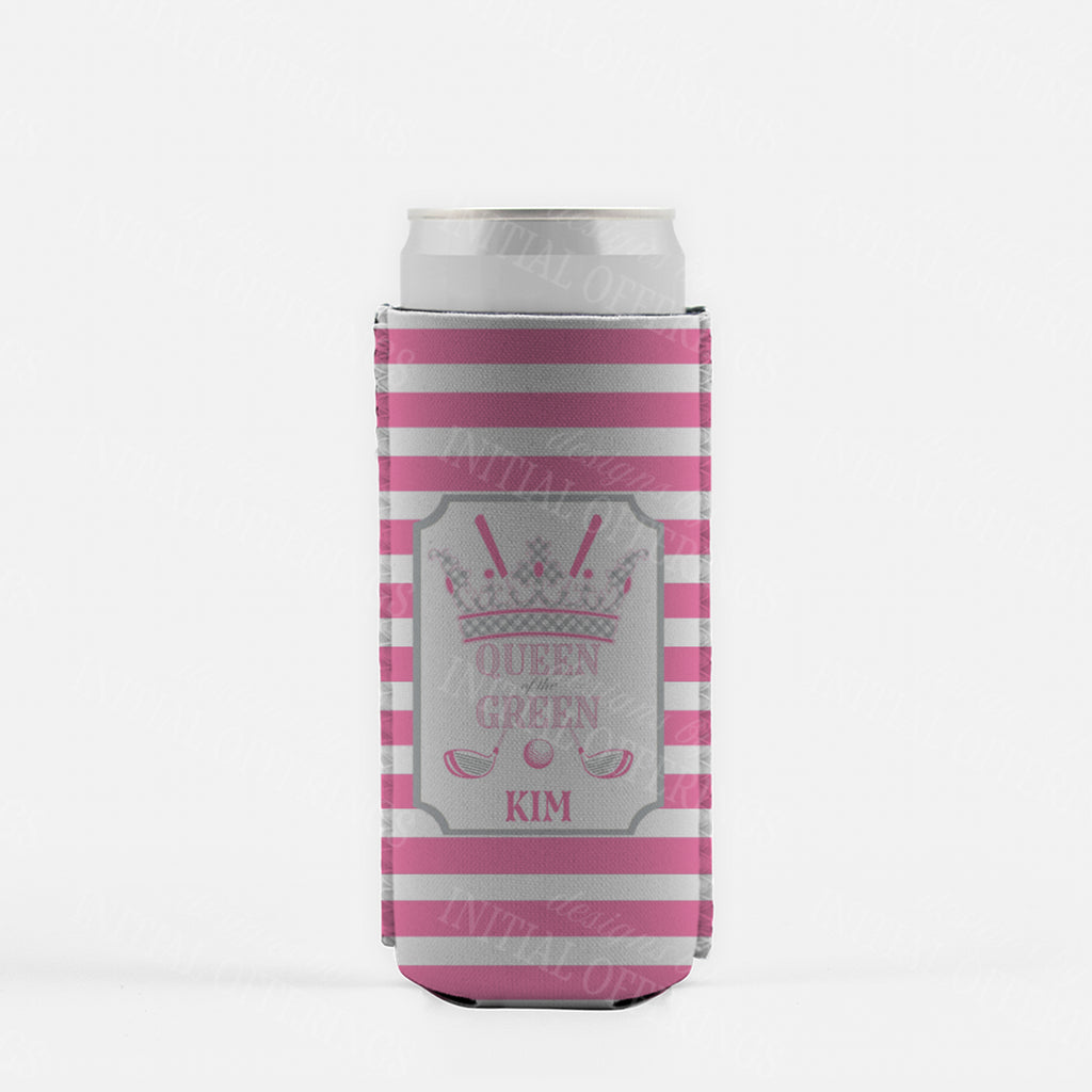 Hot Pink and Grey Queen of the Green Slim Can Koozie