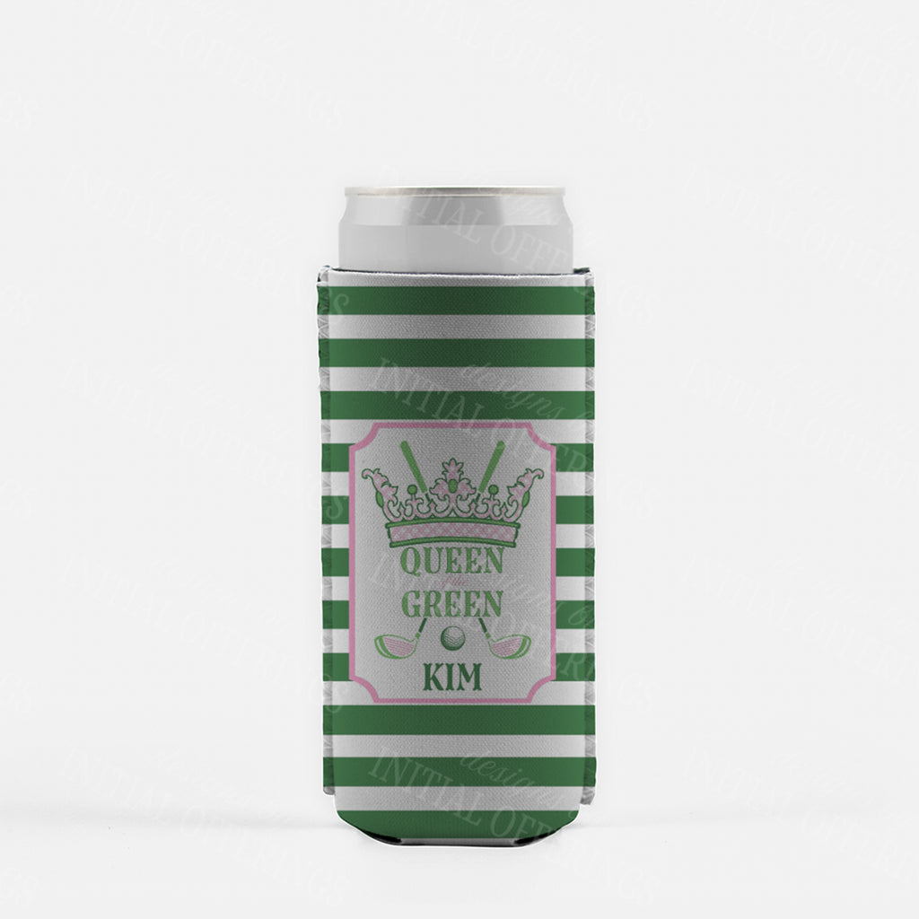 Pink and Green Queen of the Green Slim Can Koozie