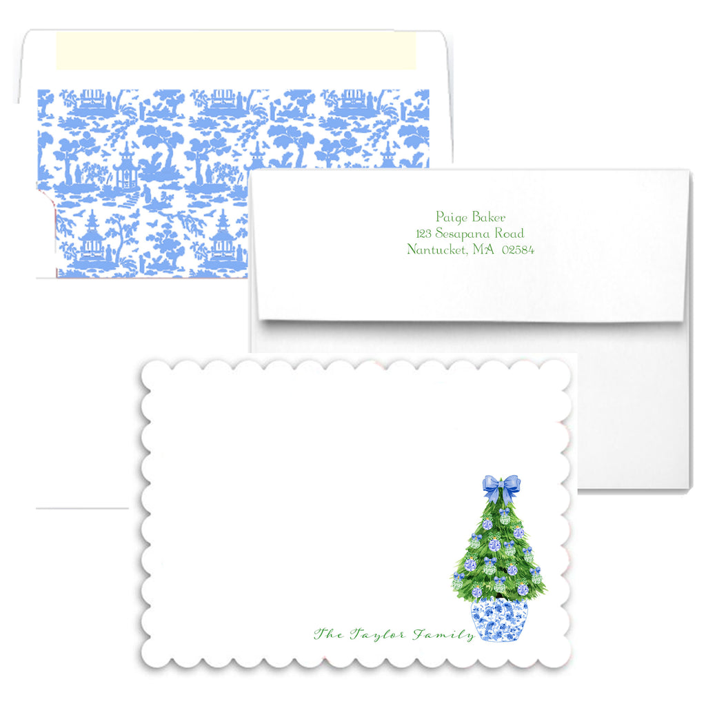 Blue and White Christmas Tree Scalloped Notecards