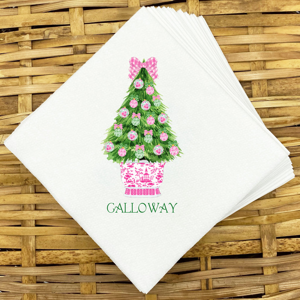 Pink and Green Christmas Tree Napkins and Guest Towels