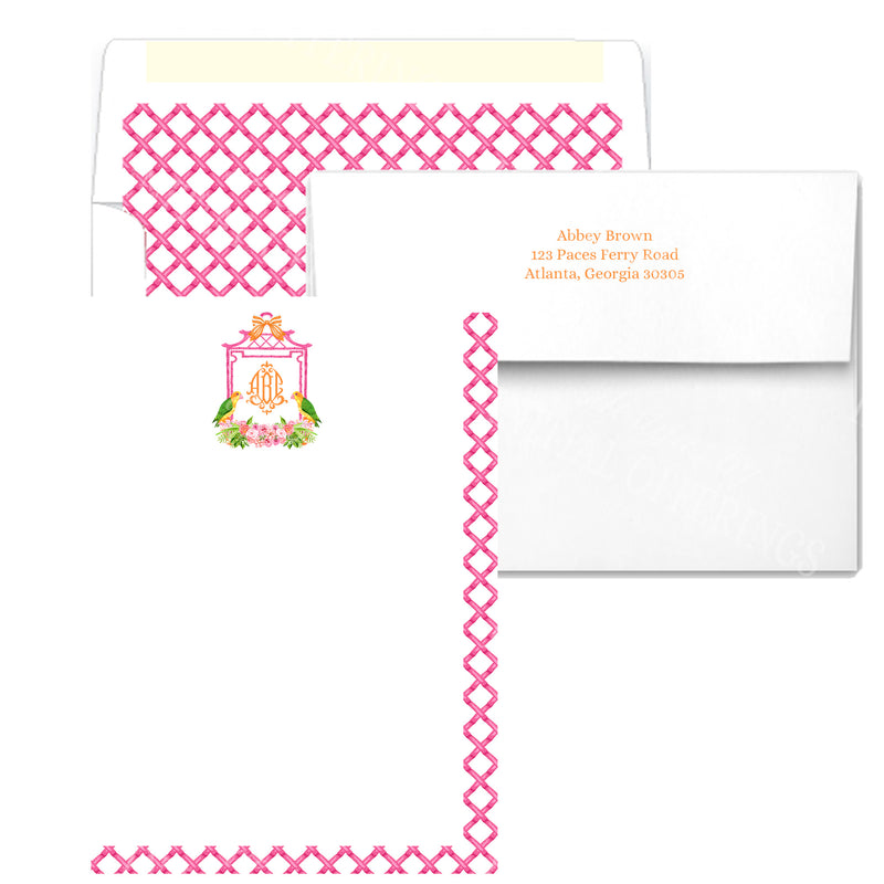Pink Bamboo Monogram Frame Notecards