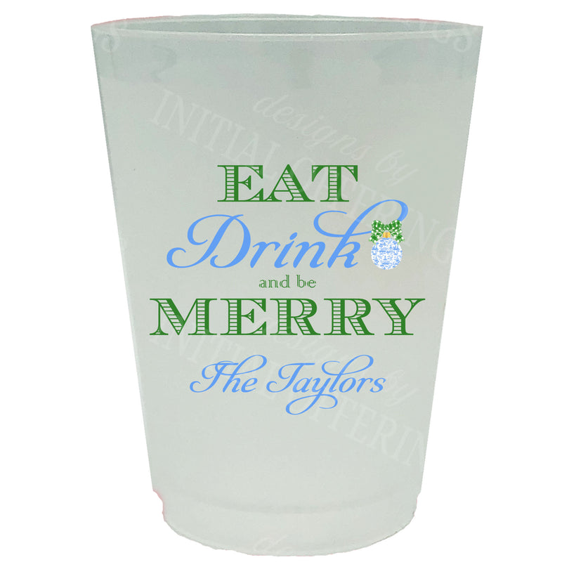 Blue and Green Eat Drink and be Merry Full Color Shatterproof Frost Cups - Personalized