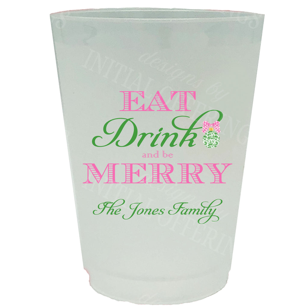 Pink and Green Eat Drink and be Merry Full Color Shatterproof Frost Cups - Personalized