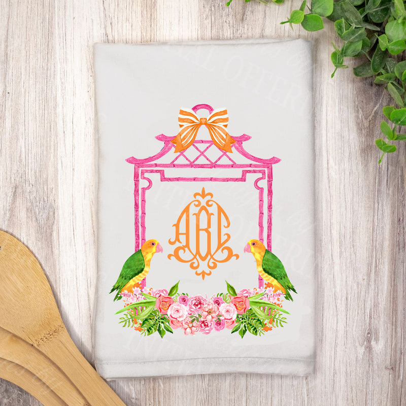 Pink Bamboo Monogram Frame Set of 2 Hostess Towels