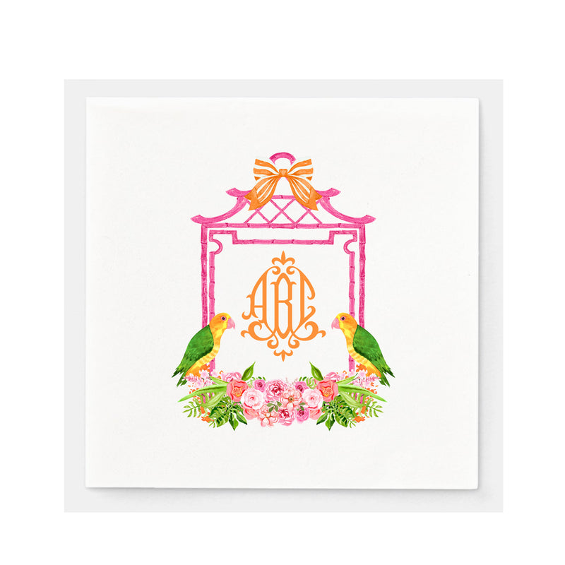 Pink Bamboo Monogram Frame Napkins - Available in two sizes