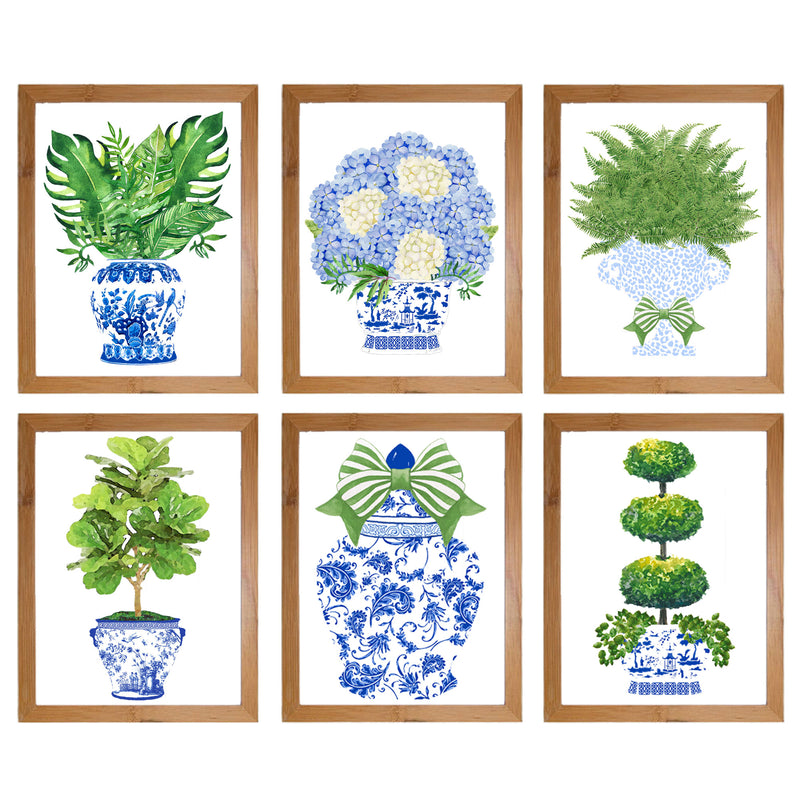 Gallery Wall Set of 6 Art Prints | Blue and White with Green