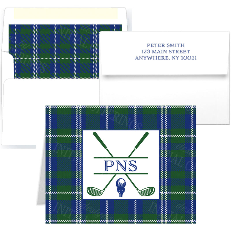 Golf Clubs in Navy and Green Personalized Note Cards