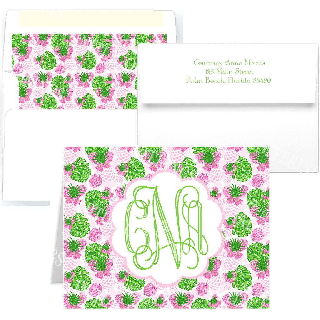 Pink Pineapple Print Monogram Note Cards