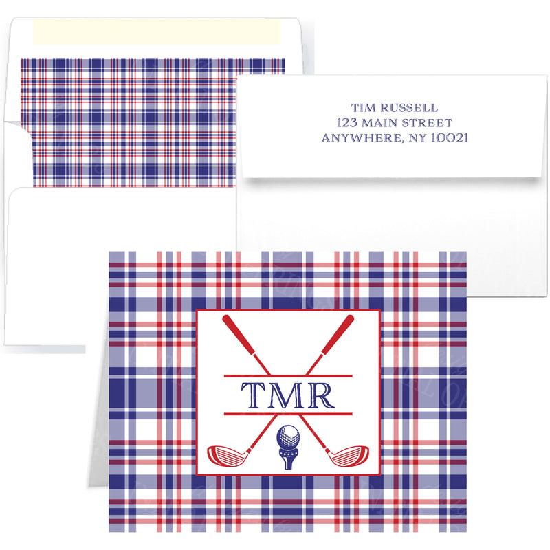 Golf Clubs in Navy and Red Personalized Note Cards