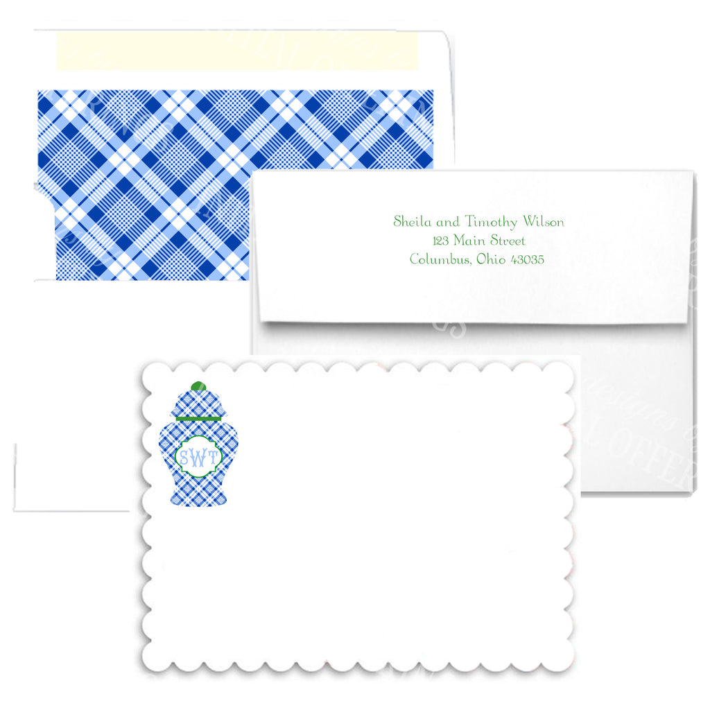 Blue and White Plaid Ginger Jar Monogram Scallop Edge Notecards