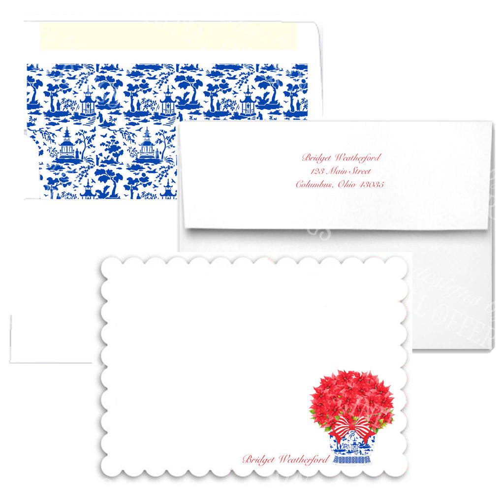 Poinsettia in Blue Chinoiserie Planter Scallop Edge Notecards