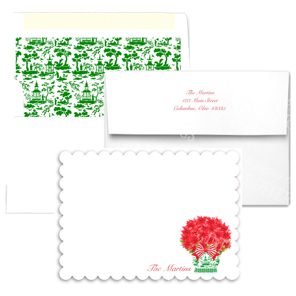 Poinsettia in Green Chinoiserie Planter Scallop Edge Notecards