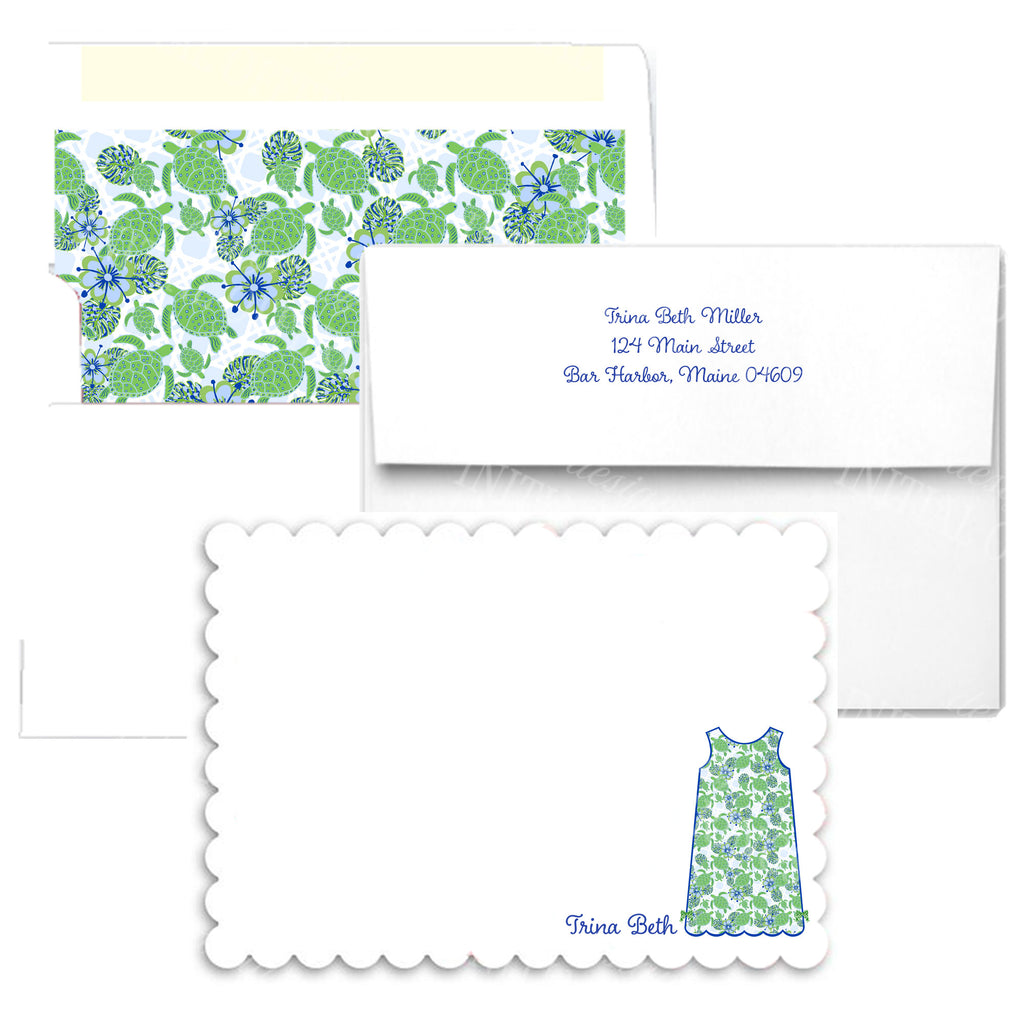 Kiwi Turtle Print Shift Dress Scallop Edge Notecards