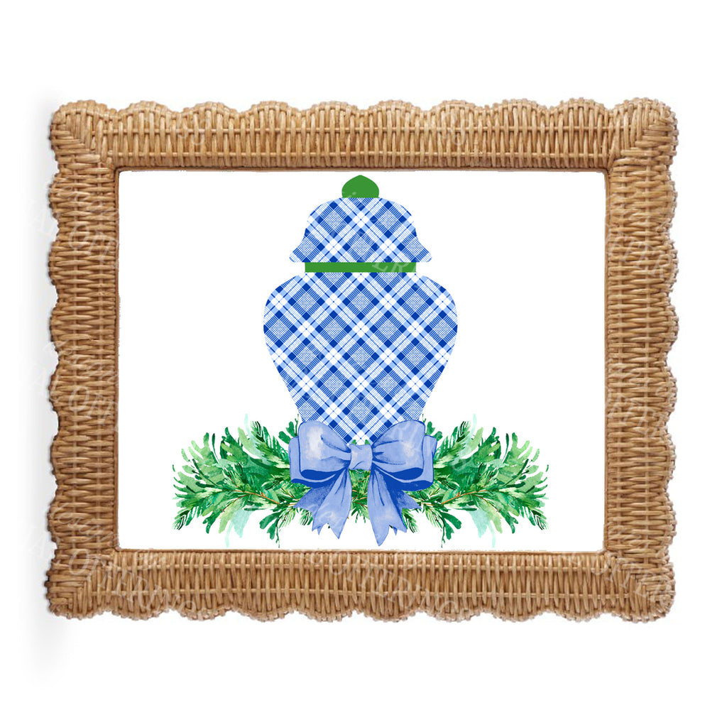 Blue and White Plaid Ginger Jar Swag Wall Art