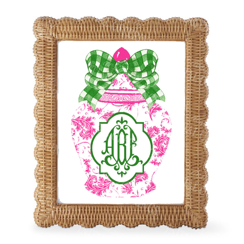 Ginger Jar Pink with Green Gingham Bow Monogram Wall Art
