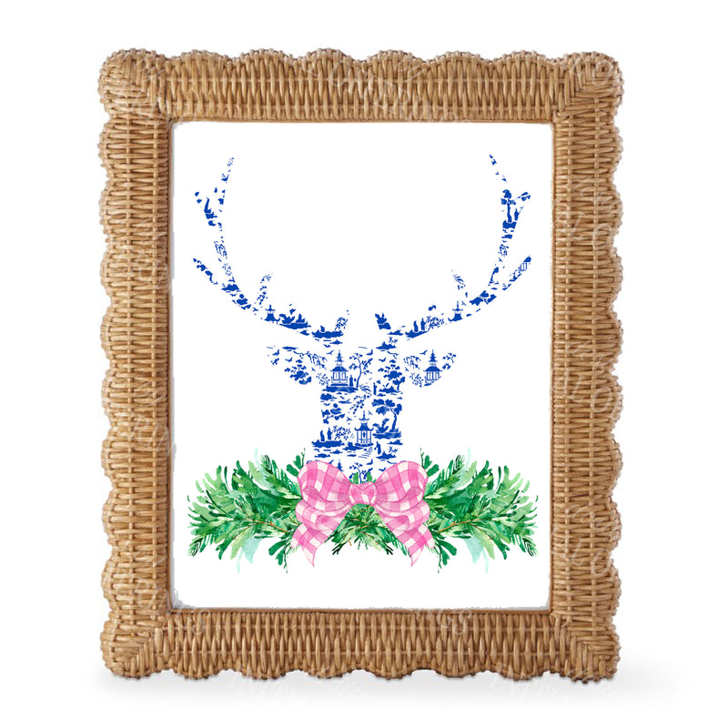 Pink and Blue Pagoda Toile Stag Head Swag Wall Art
