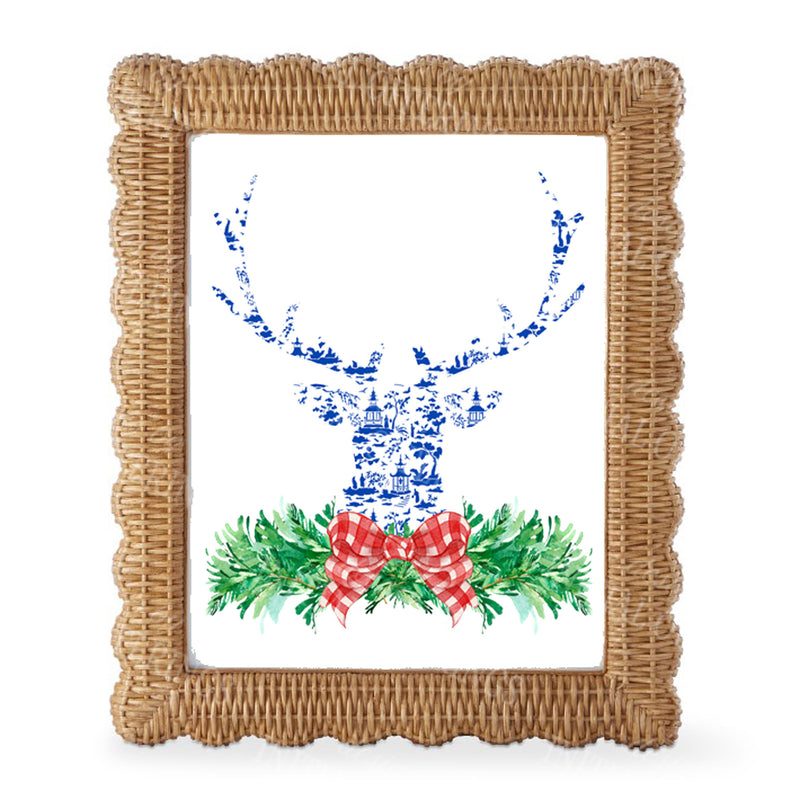 Red and Blue Pagoda Toile Stag Head Swag Wall Art
