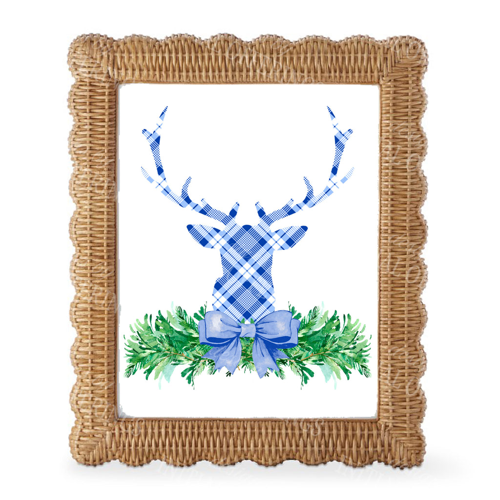 Blue and White Plaid Stag Head Swag Wall Art