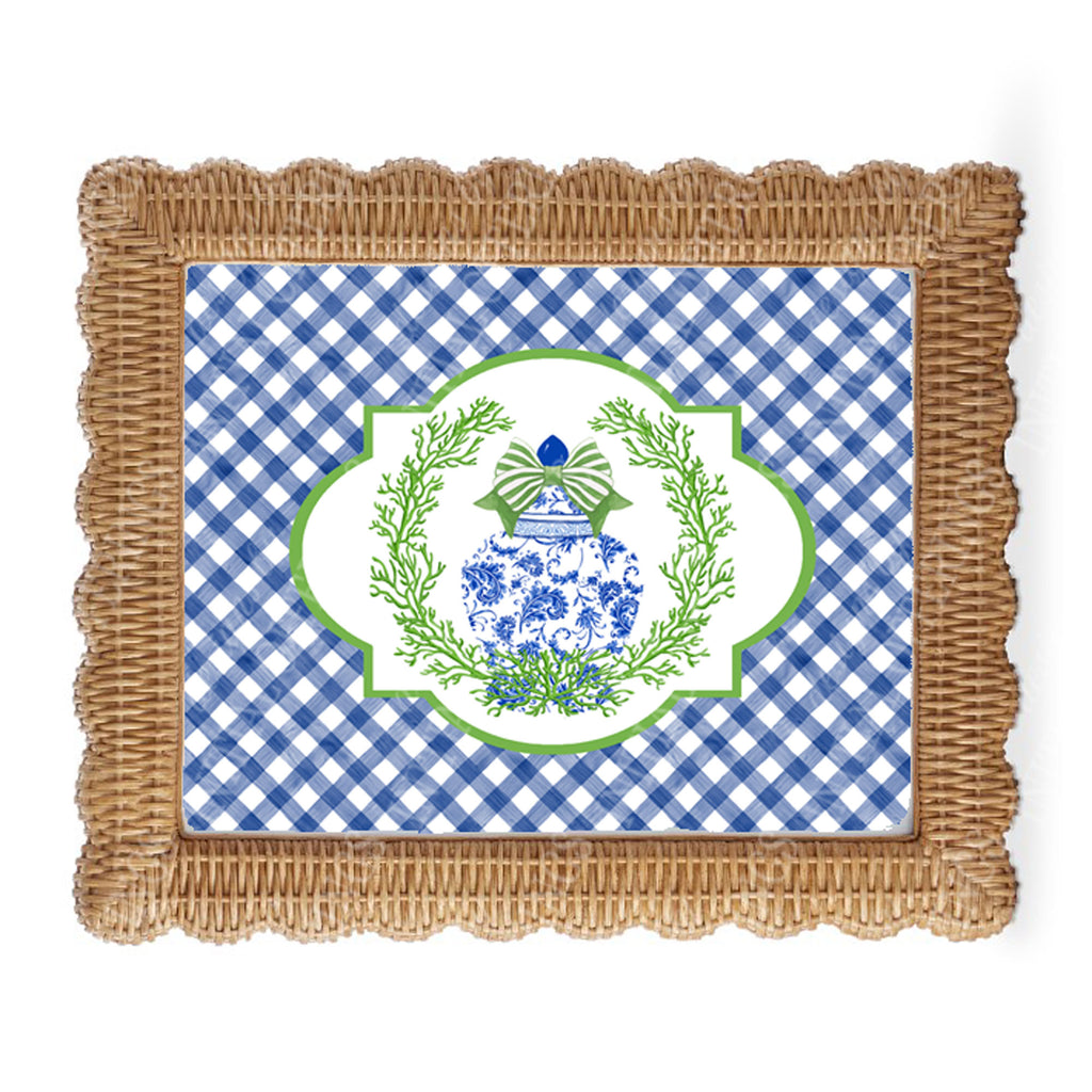 Ginger Jar with Green Coral and Blue Gingham Border Wall Art