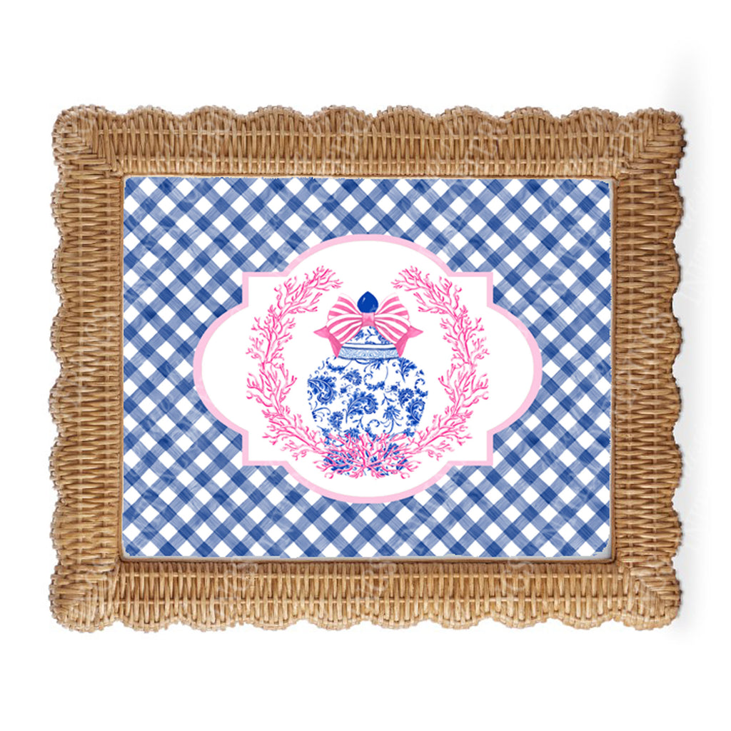 Ginger Jar with Pink Coral and Blue Gingham Border Wall Art