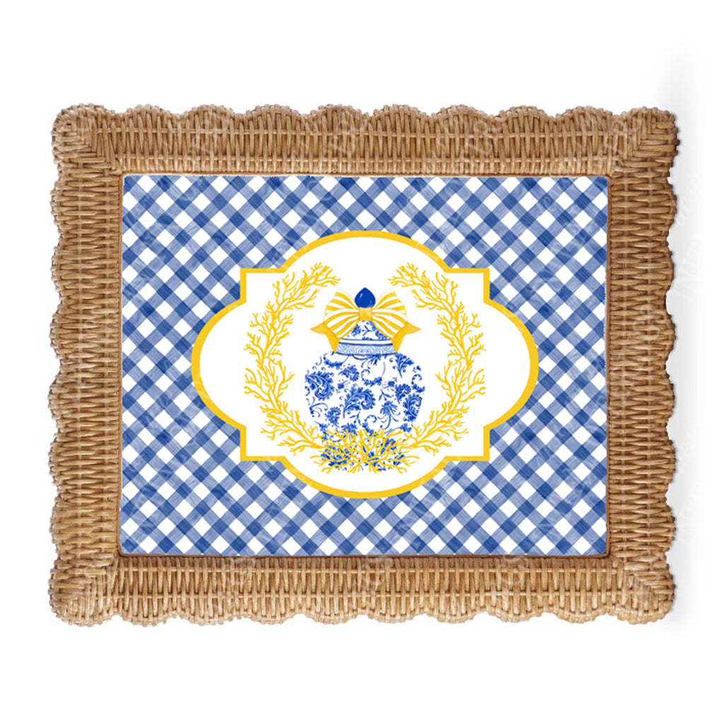 Ginger Jar with Yellow Coral and Blue Gingham Border Wall Art