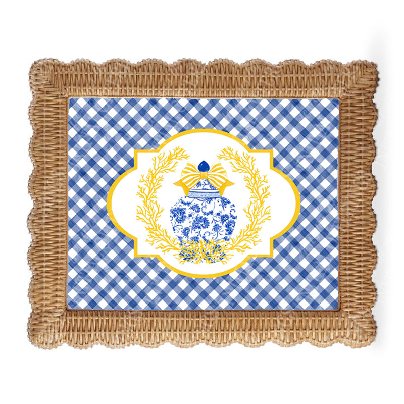 Ginger Jar with Yellow Coral and Blue Gingham Border Wall Art