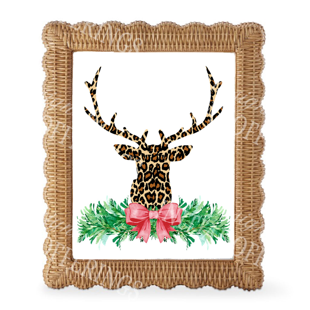 Leopard Print Stag Head with Red Bow Wall Art