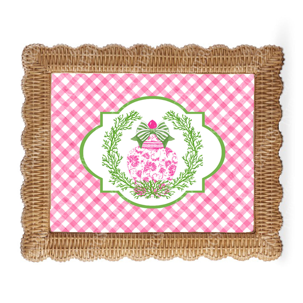 Ginger Jar Pink with Green Coral and Pink Gingham Border Wall Art