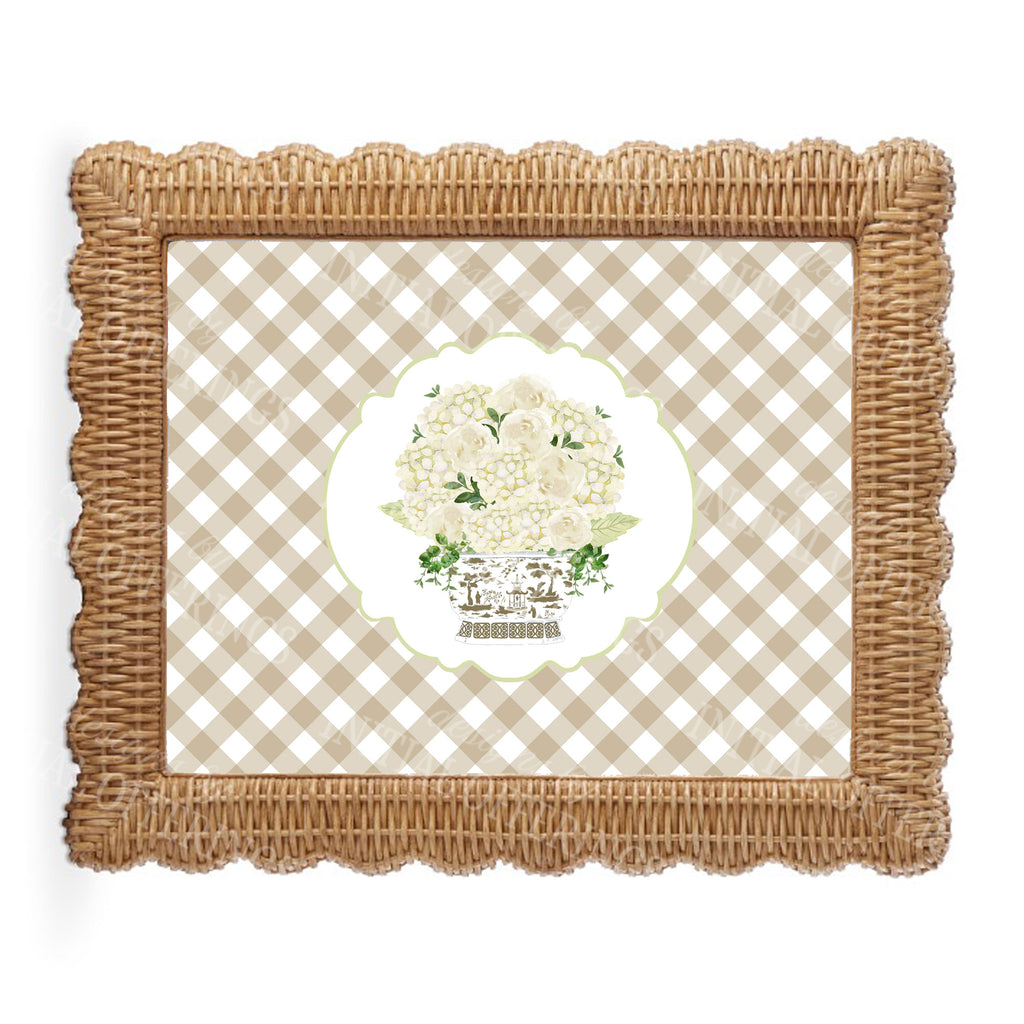 White Bouquet in Khaki Planter Wall Art with Gingham Border