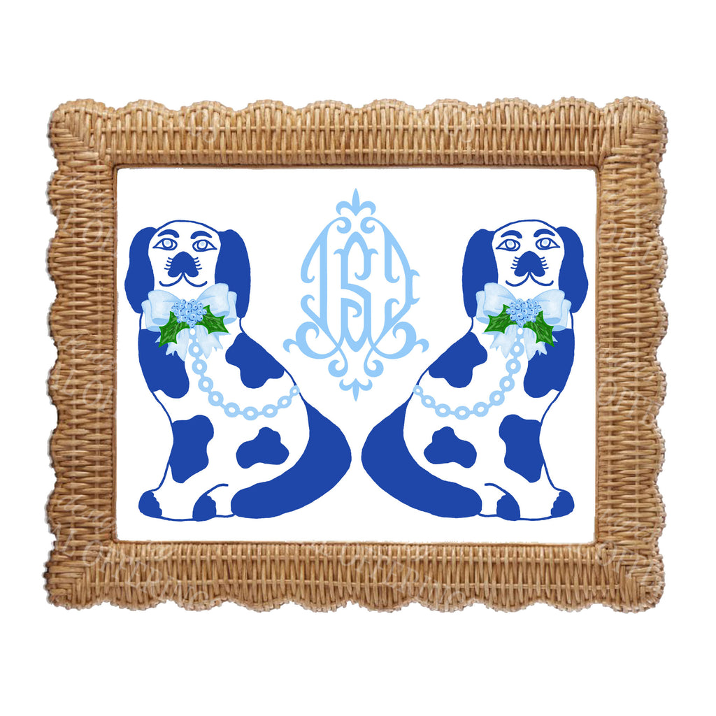 Blue Holiday Staffordshire Spaniels with Monogram Wall Art