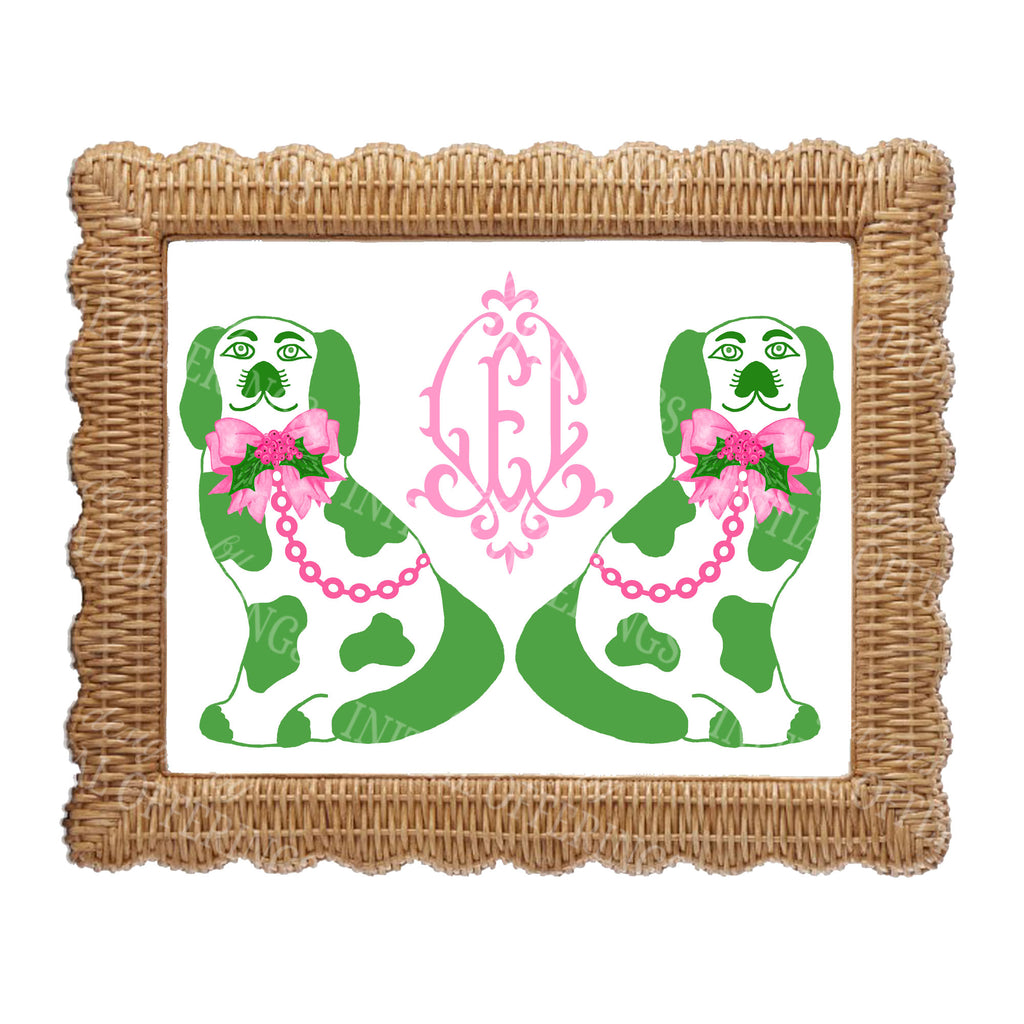 Pink and Green Holiday Staffordshire Spaniels with Monogram Wall Art
