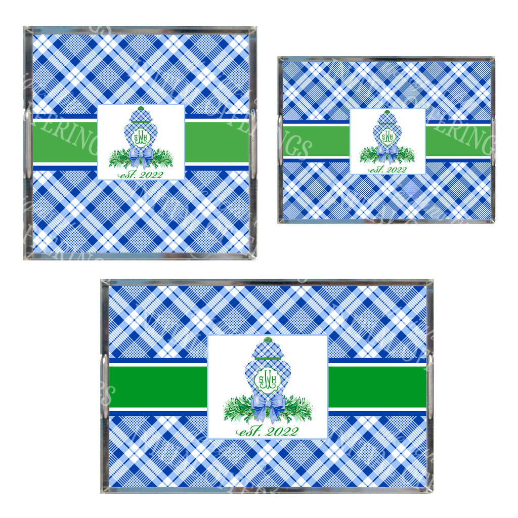 Blue and White Plaid Ginger Jar Swag Acrylic Tray in 3 Sizes