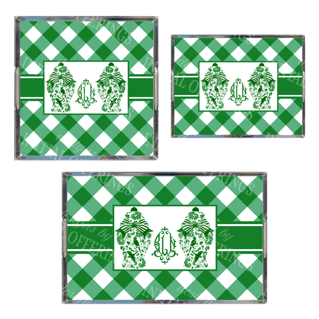 Emerald Ginger Jar Acrylic Tray in 3 Sizes - With Gingham Border