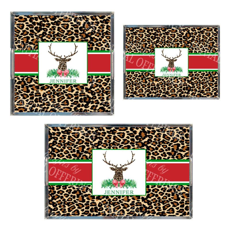 Leopard Print Stag Head Swag with Red Bow Acrylic Tray in 3 Sizes