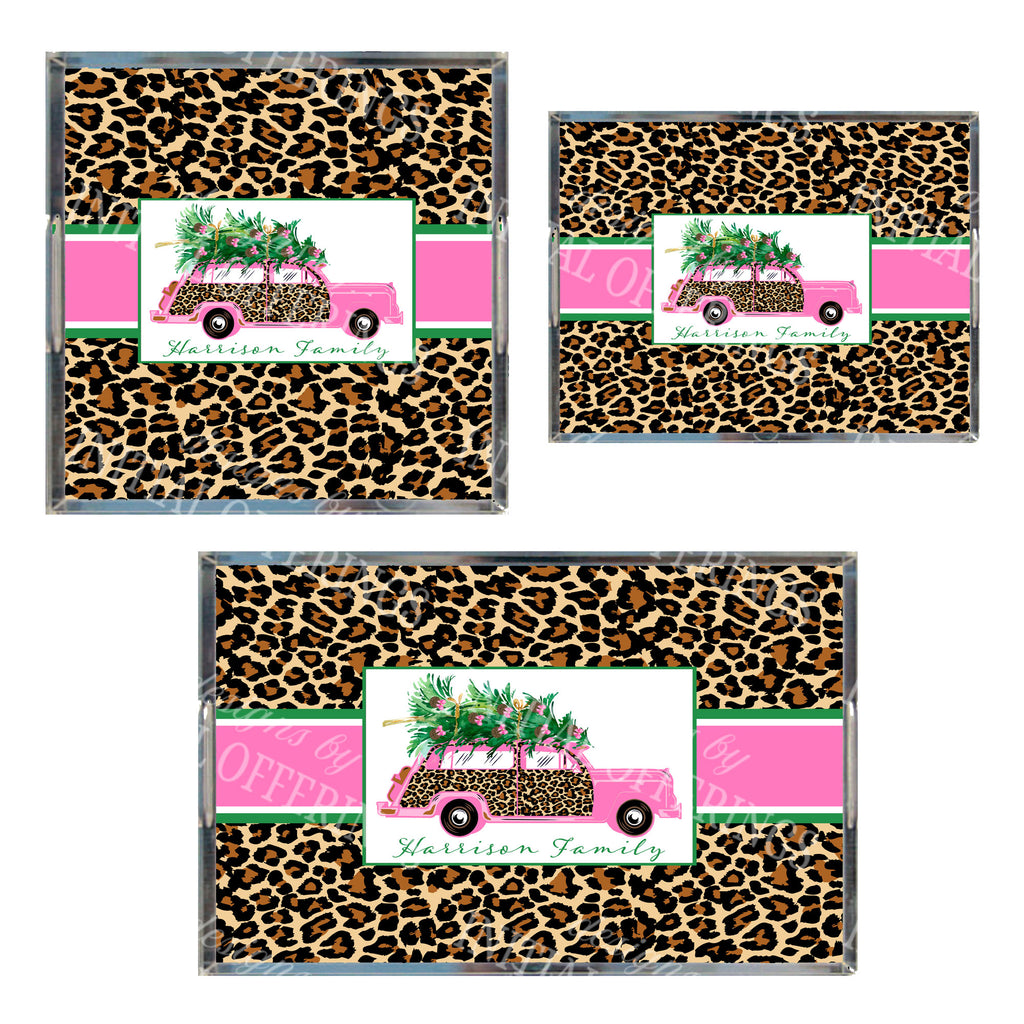 Leopard Print Pink Woody Wagon Acrylic Tray in 3 Sizes