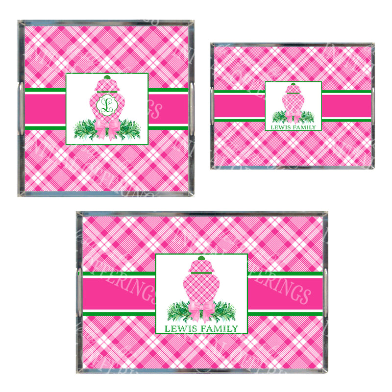 Pink and White Plaid Ginger Jar Swag Acrylic Tray in 3 Sizes