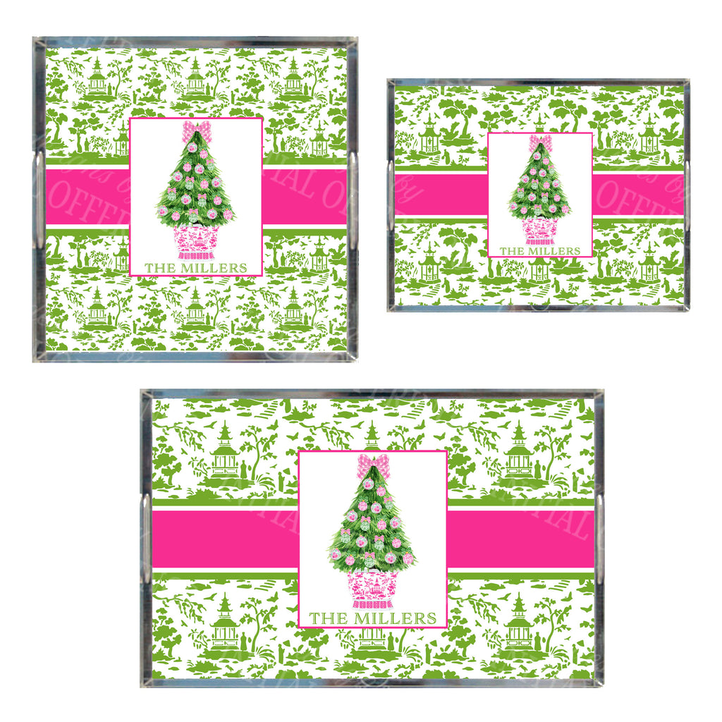 Pink and Green Christmas Tree Acrylic Tray in 3 Sizes