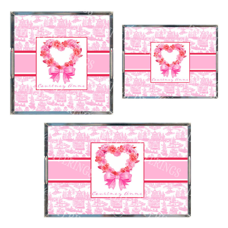 Pink Floral Heart Acrylic Tray in 3 Sizes