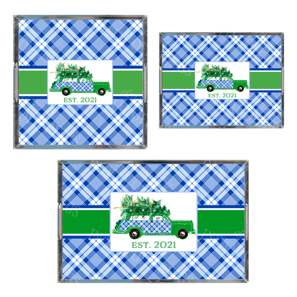 Blue and White Plaid Woody Wagon Acrylic Tray in 3 Sizes