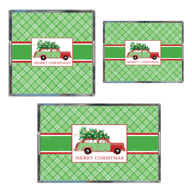 Red and Green Plaid Woody Wagon Acrylic Tray in 3 Sizes